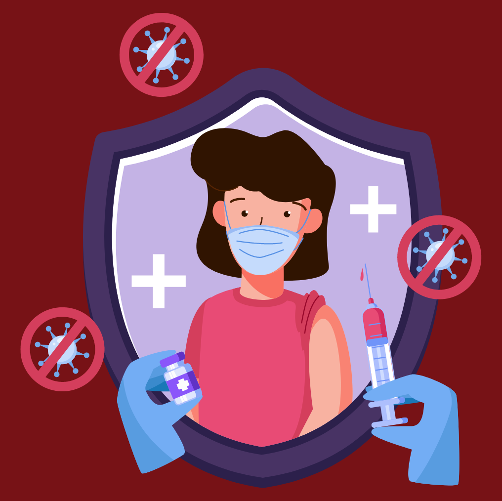Illustration of a woman wearing a mask. There are two gloved hands holding an vial and a syringe.
